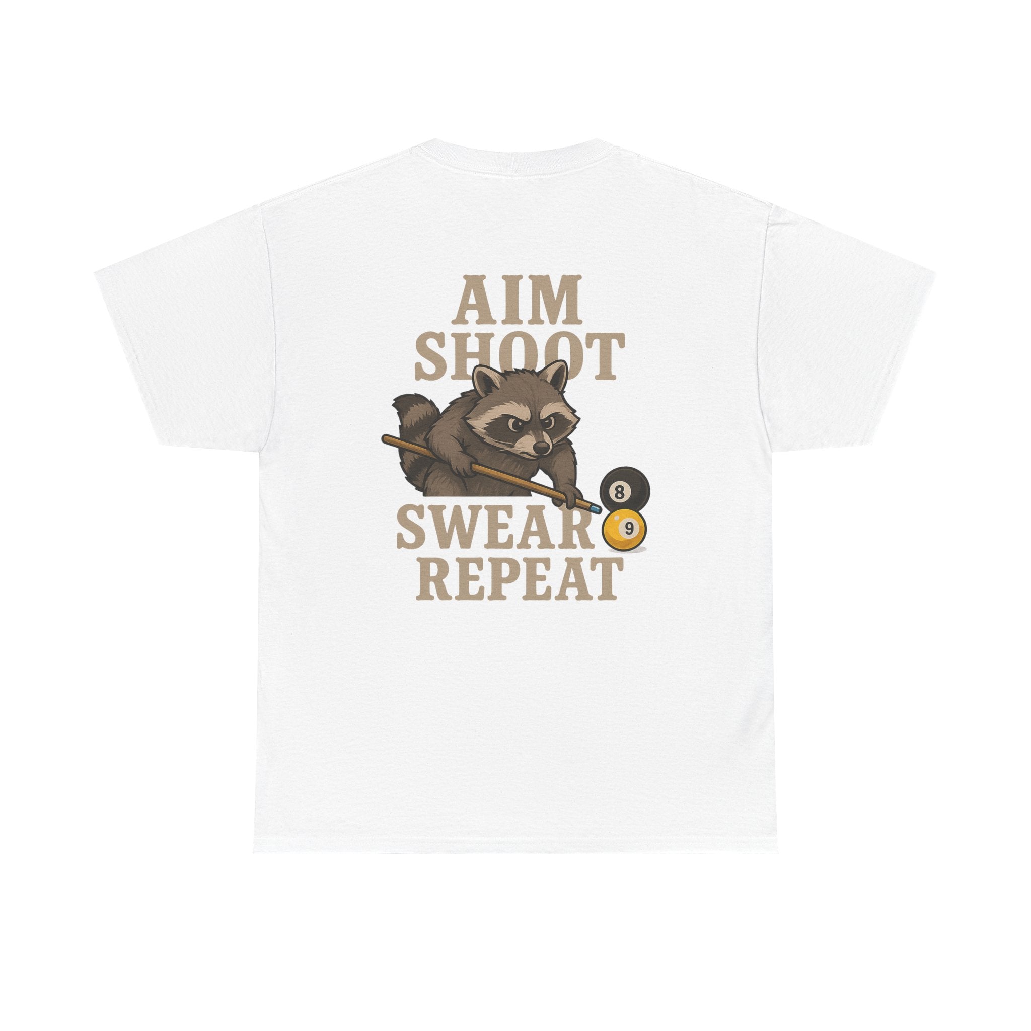 Pool Shark Raccoon T-Shirt — "Aim Shoot Swear Repeat" Graphic Tee