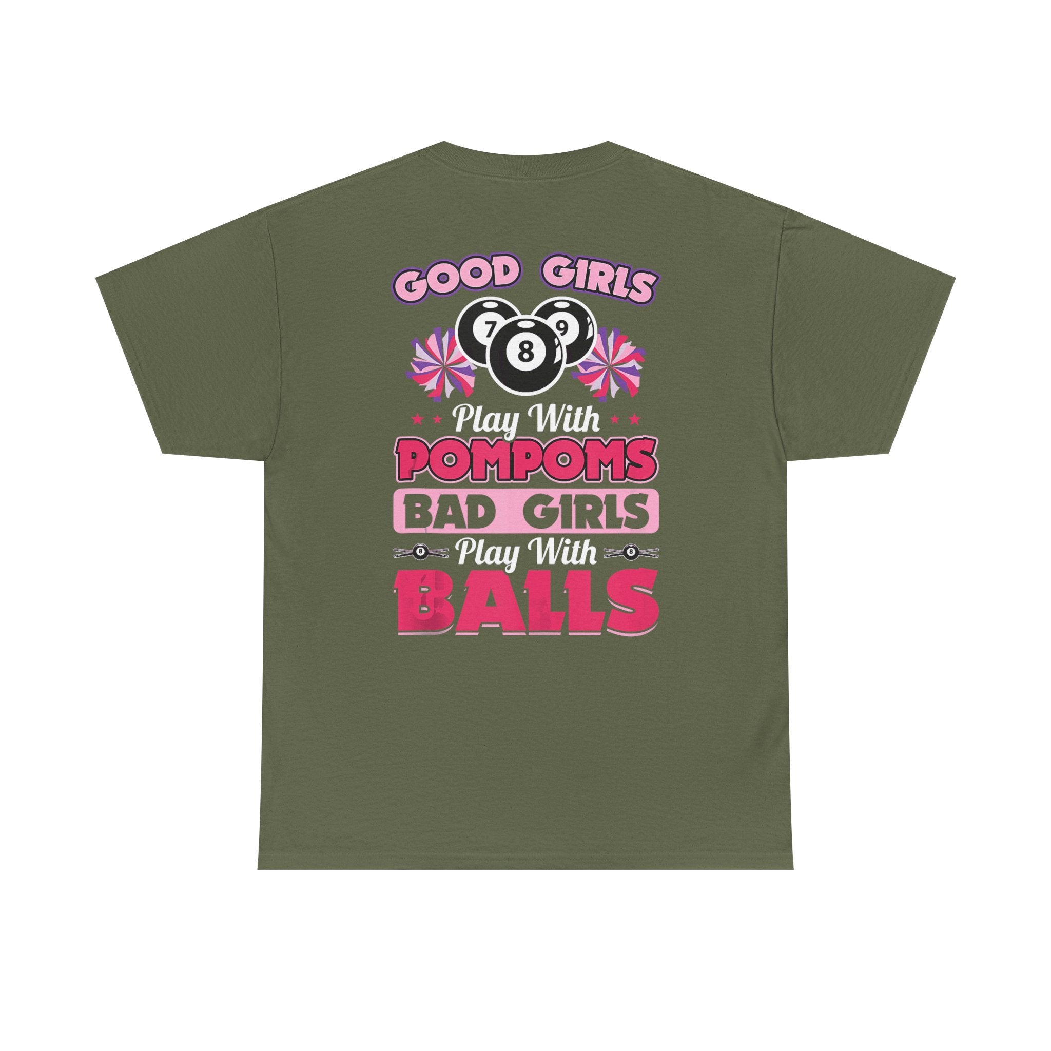Cheerleader Pool Tee — "Good Girls Pom-Poms, Bad Girls Balls" Graphic T-Shirt