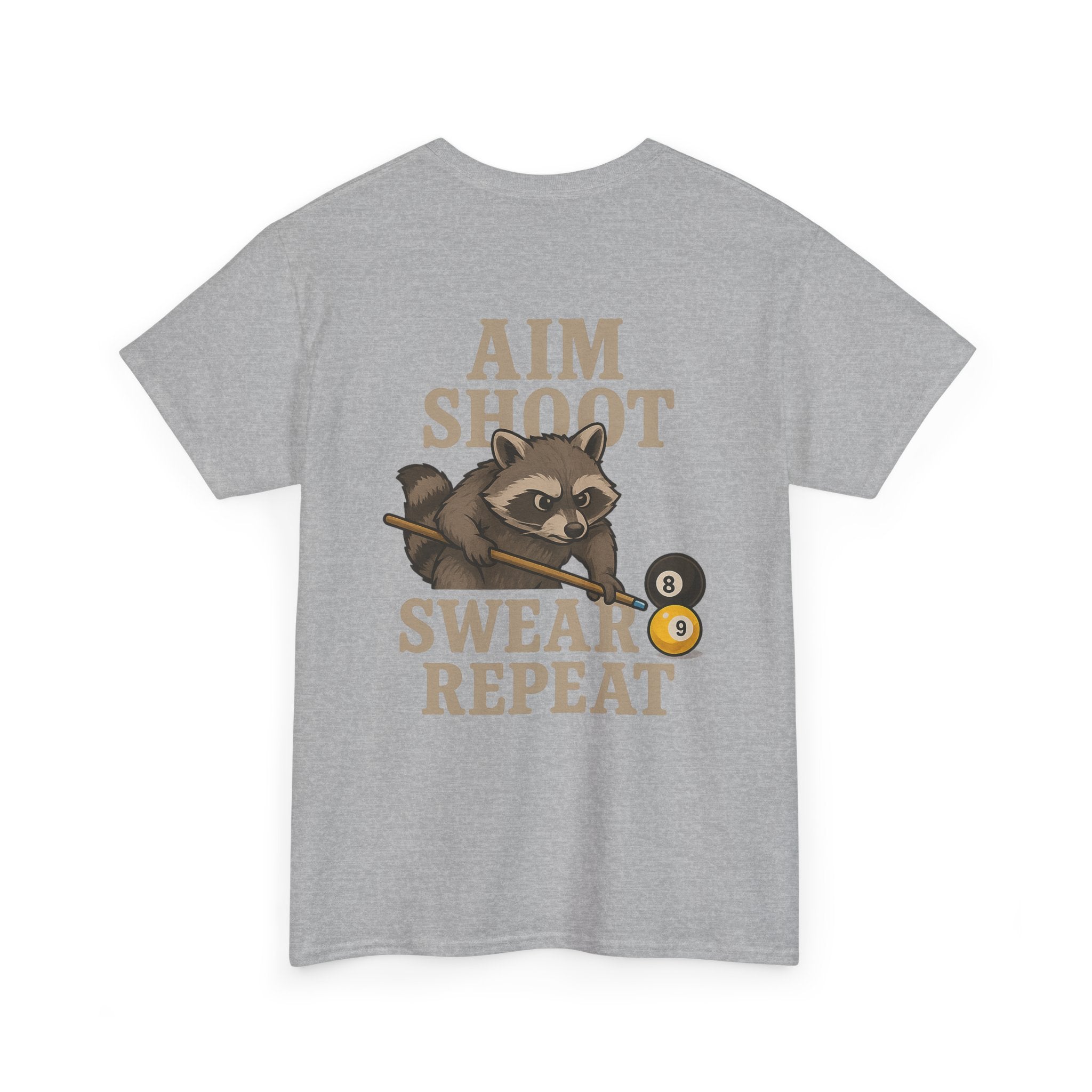 Pool Shark Raccoon T-Shirt — "Aim Shoot Swear Repeat" Graphic Tee
