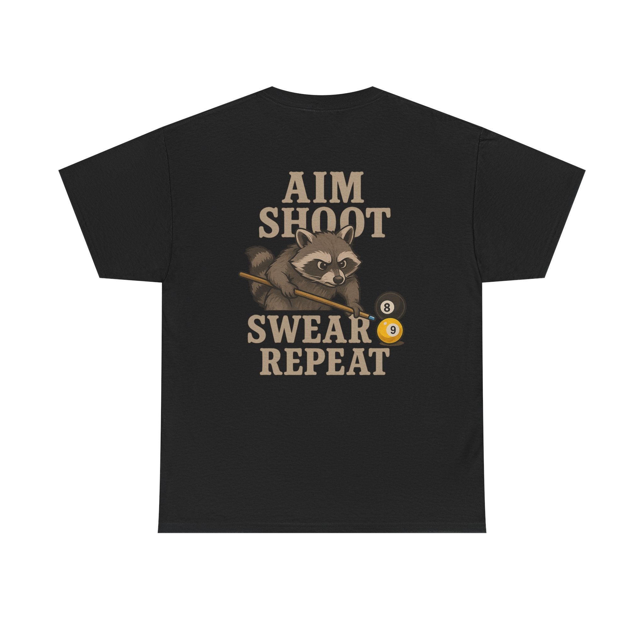 Pool Shark Raccoon T-Shirt — "Aim Shoot Swear Repeat" Graphic Tee