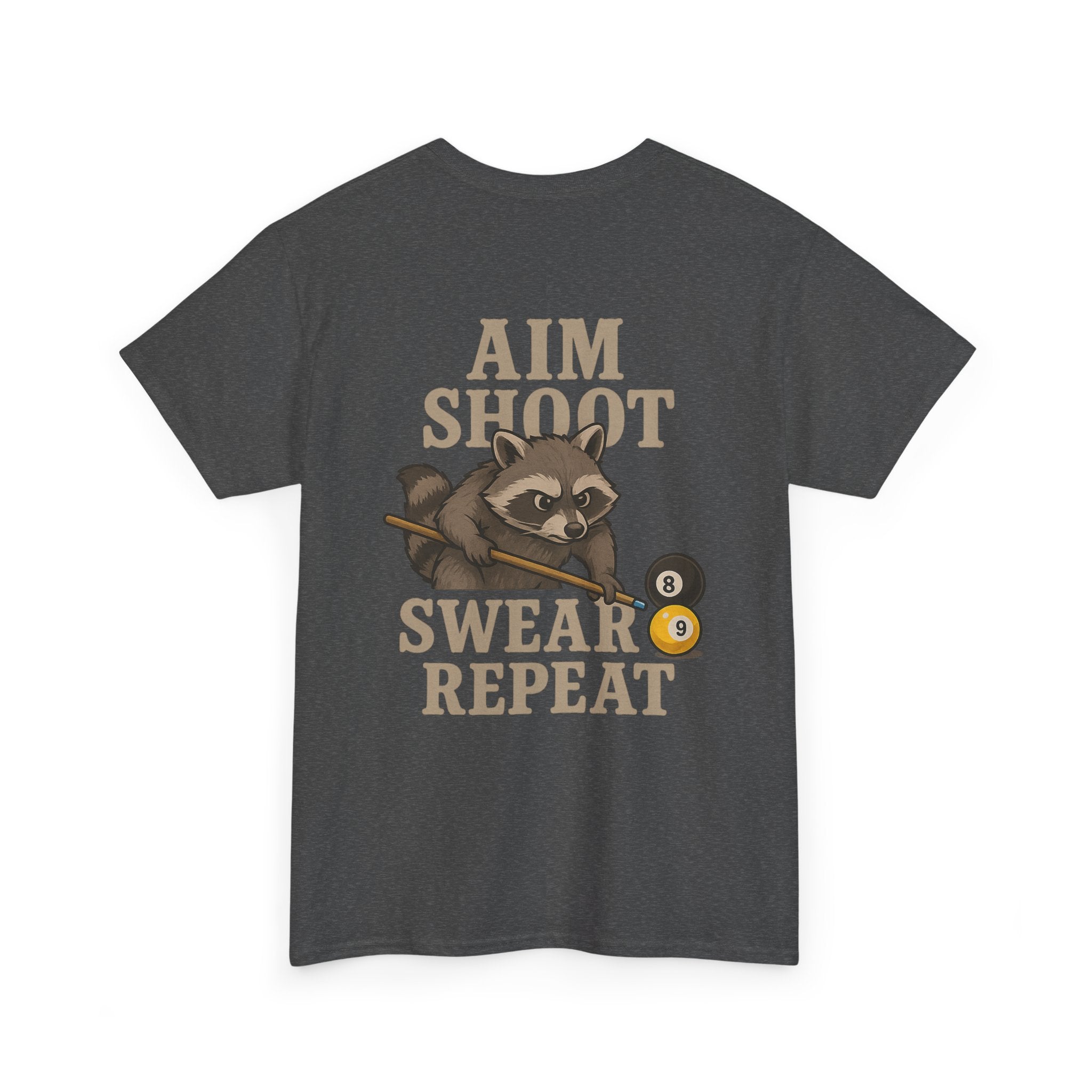 Pool Shark Raccoon T-Shirt — "Aim Shoot Swear Repeat" Graphic Tee
