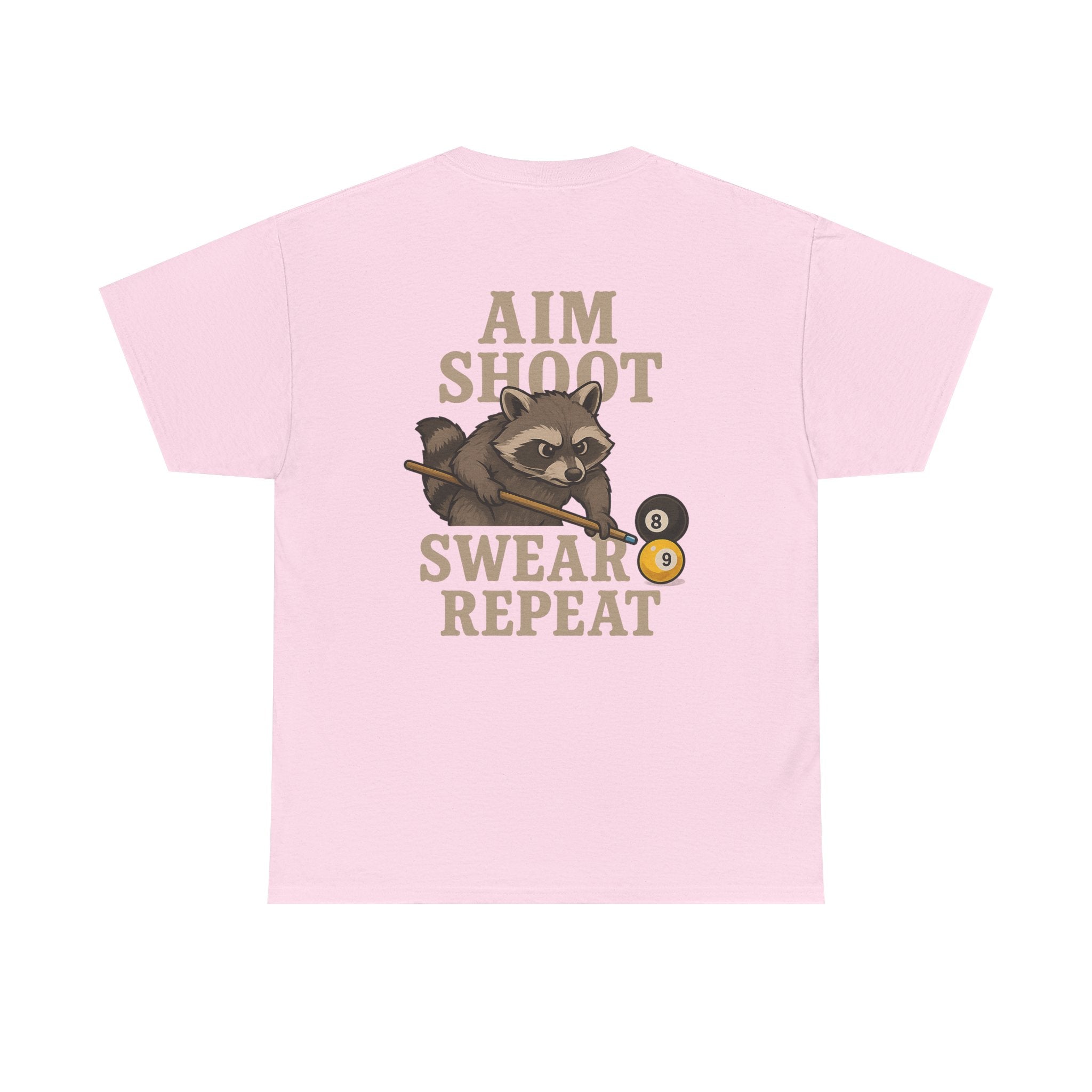 Pool Shark Raccoon T-Shirt — "Aim Shoot Swear Repeat" Graphic Tee