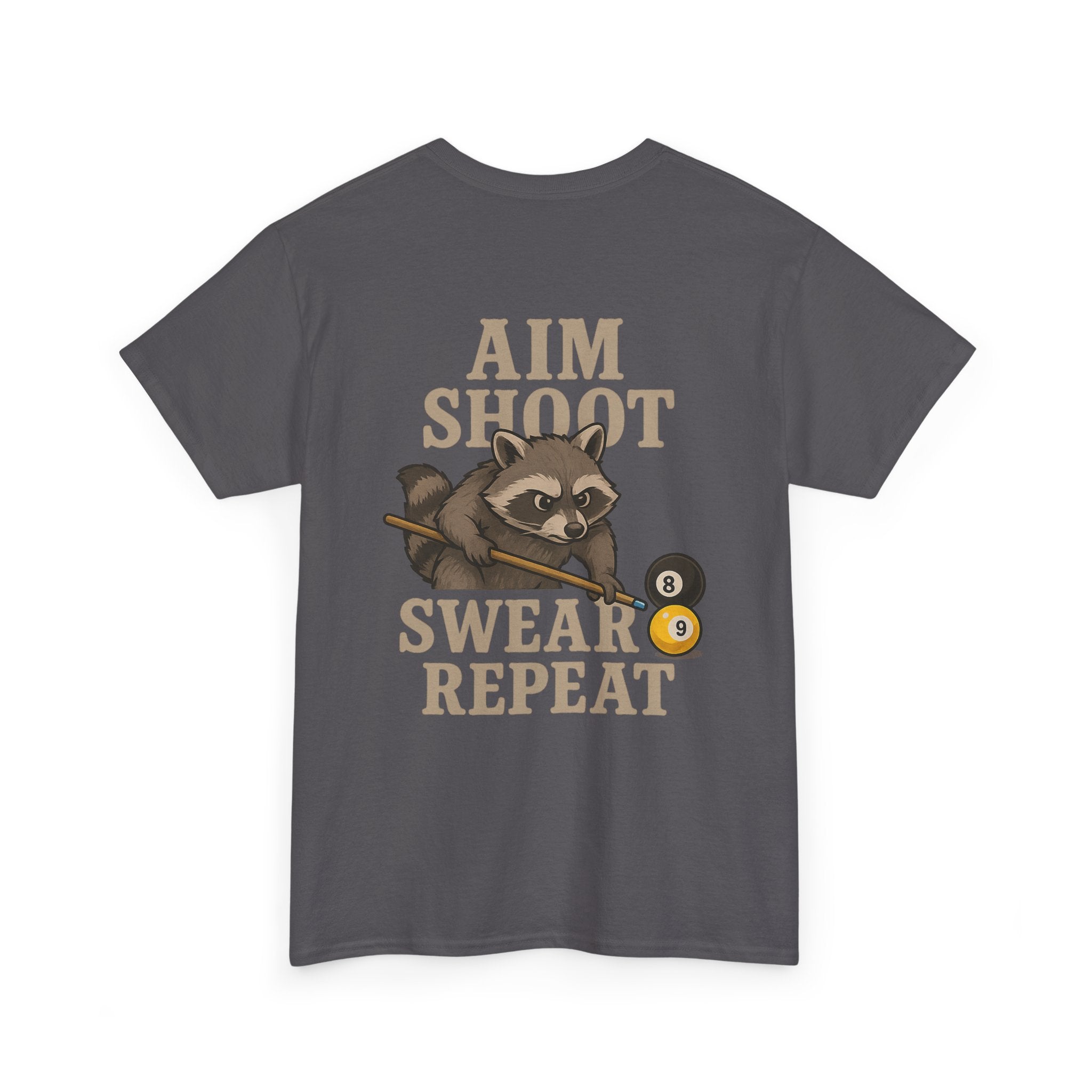 Pool Shark Raccoon T-Shirt — "Aim Shoot Swear Repeat" Graphic Tee
